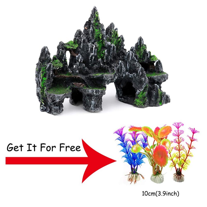 PakyKai Large Fish Tank Decorations, Mountain View Aquarium Ornament with Tree House Cave Bridge Artificial Plastic Plants Aquarium Decorations - Image 2